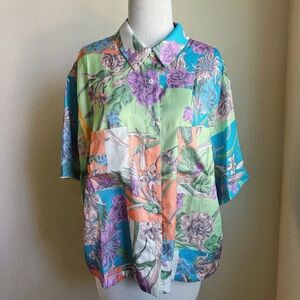 Current Air Floral Patchwork Short-Sleeve Shirt - Green/Teal/Purple/Peach